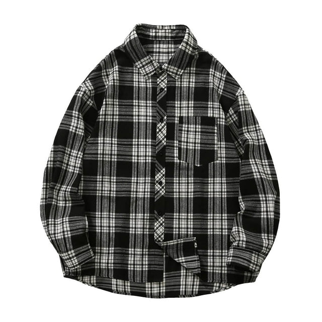 Camisas Para Hombre Talla Extra Camisa con capucha a cuadros informal de negocios de primavera y otoño para hombres (Black, XL)