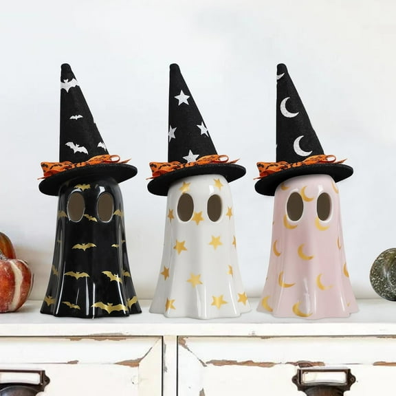 Cute Spooky Halloween Ghost Figurine, Halloween Ghost Decorations Indoor, Set of 3 Ceramic Ghosts with Witch Hats - Halloween MantelShelf & Tabletop Decor