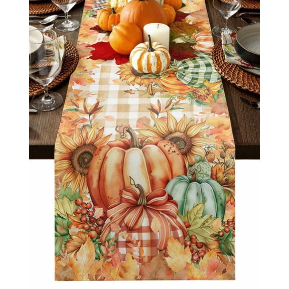 Table Runner Dresser Scarves 60 Inch Long,Thanksgiving Fall Harvest Pumpkin Linen Dining Table Runners Sunflower Leaves on Orange Plaid Tabletop Scarf for Wedding Holiday Party Kitchen