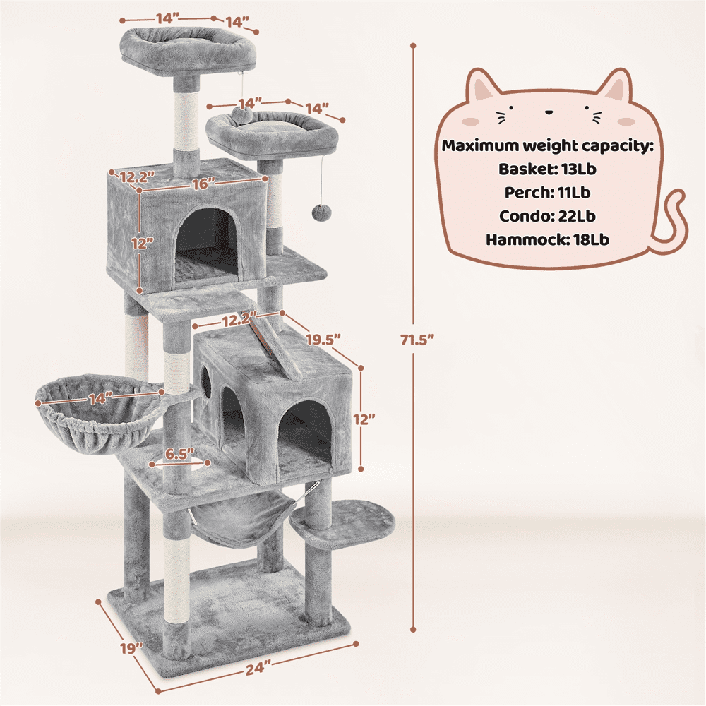 Yaheetech 71''H Multi-Level Cat Tree Tower with Condos, Light Gray