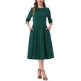 thumbnail image 1 of Vestido de trabajo elegante para mujer INSPIRE CHIC, con mangas 3/4, plisado, cuello redondo, estilo midi, color verde oscuro, 1 of 5