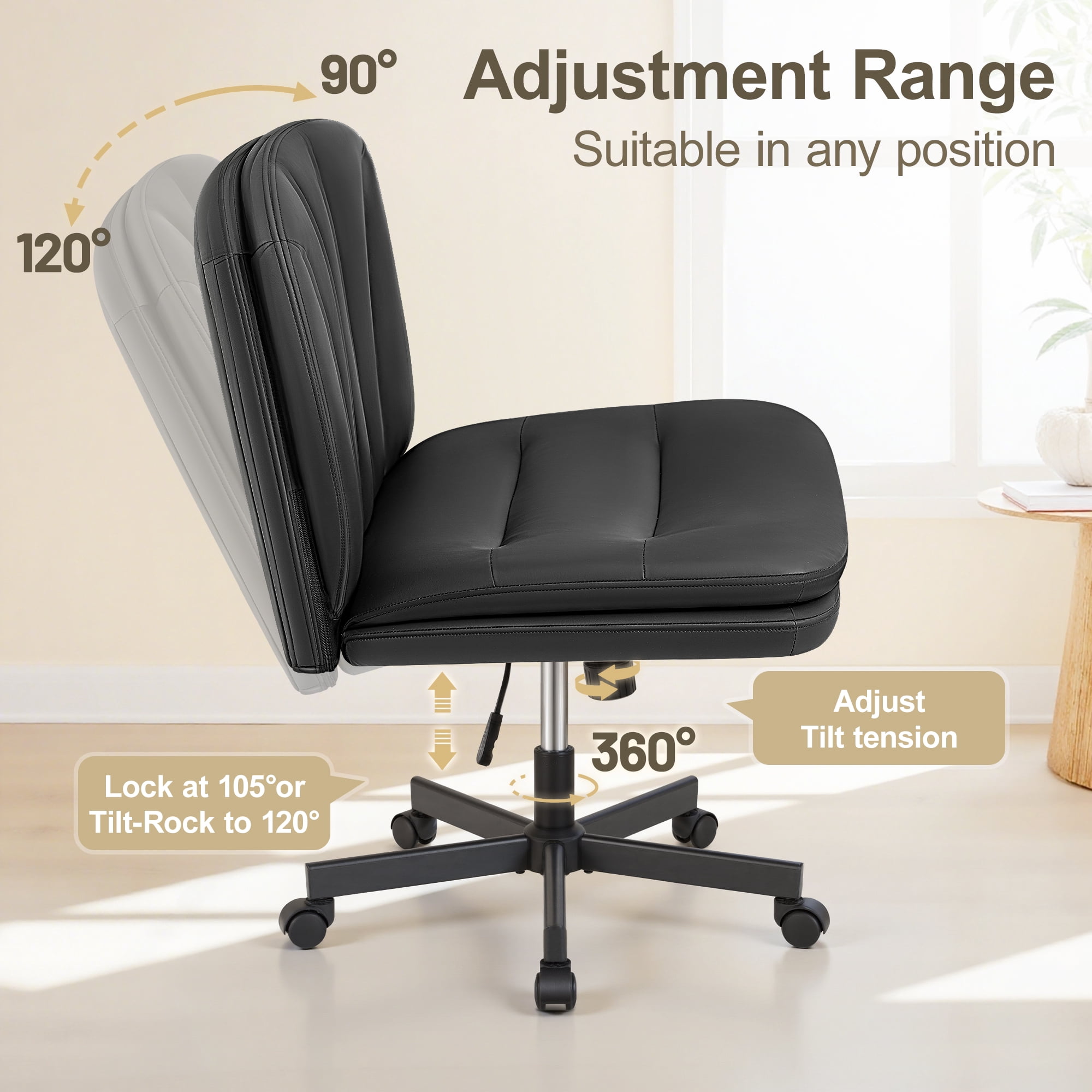 ATHOPE Criss Cross Chair with Wheels, 26"W Cross Legged Office Chair, Armless Vanity Desk Chair with 2 Layer Back & Seat, Swivel Height Ajustable for Home Office Bedroom, Black PU Leather
