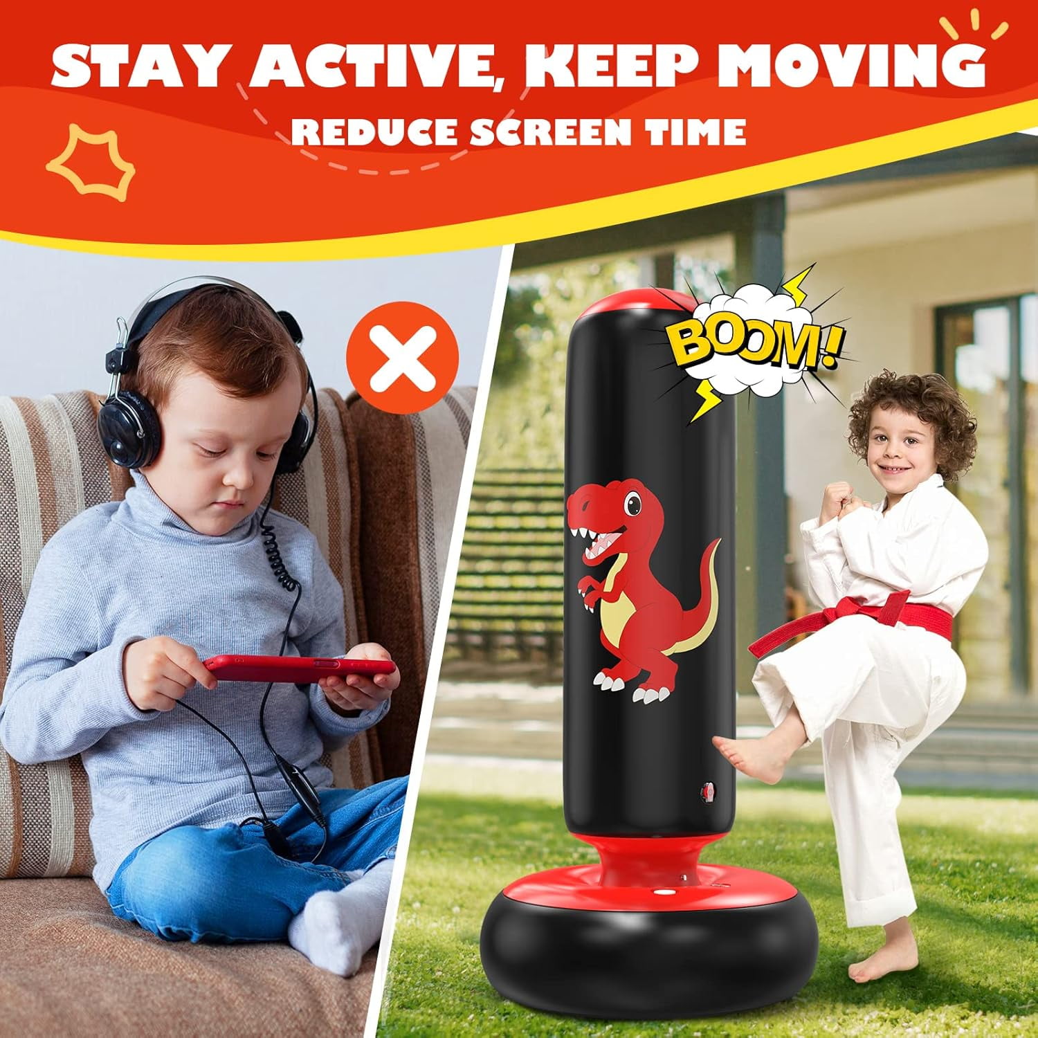 48" Inflatable Punching Bag for Kids, Lava Red Dinosaur with Black Pillar, Dinosaur Bop Bag for Boys & Girls Ages 3-8