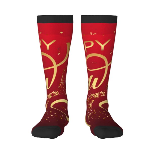 Fotbe Happy New Year2 Calcetas Divertidas Estampadas para Hombre y Mujer, Calcetas de Algodón hasta la Rodilla para Caminar, Correr, Enfermería y Embarazo