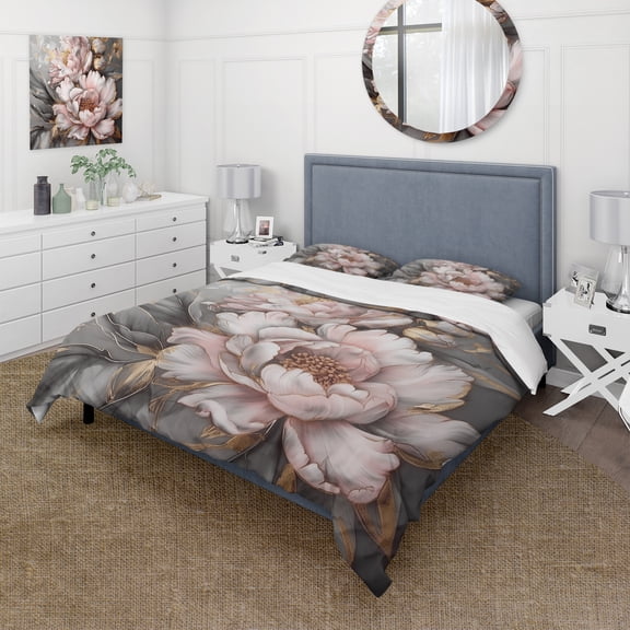 Designart "Peonies Elegance Pink Grey I" Floral Peony Bedding Covert Set - Peonies Pink Floral Bed Set With 2 Shams