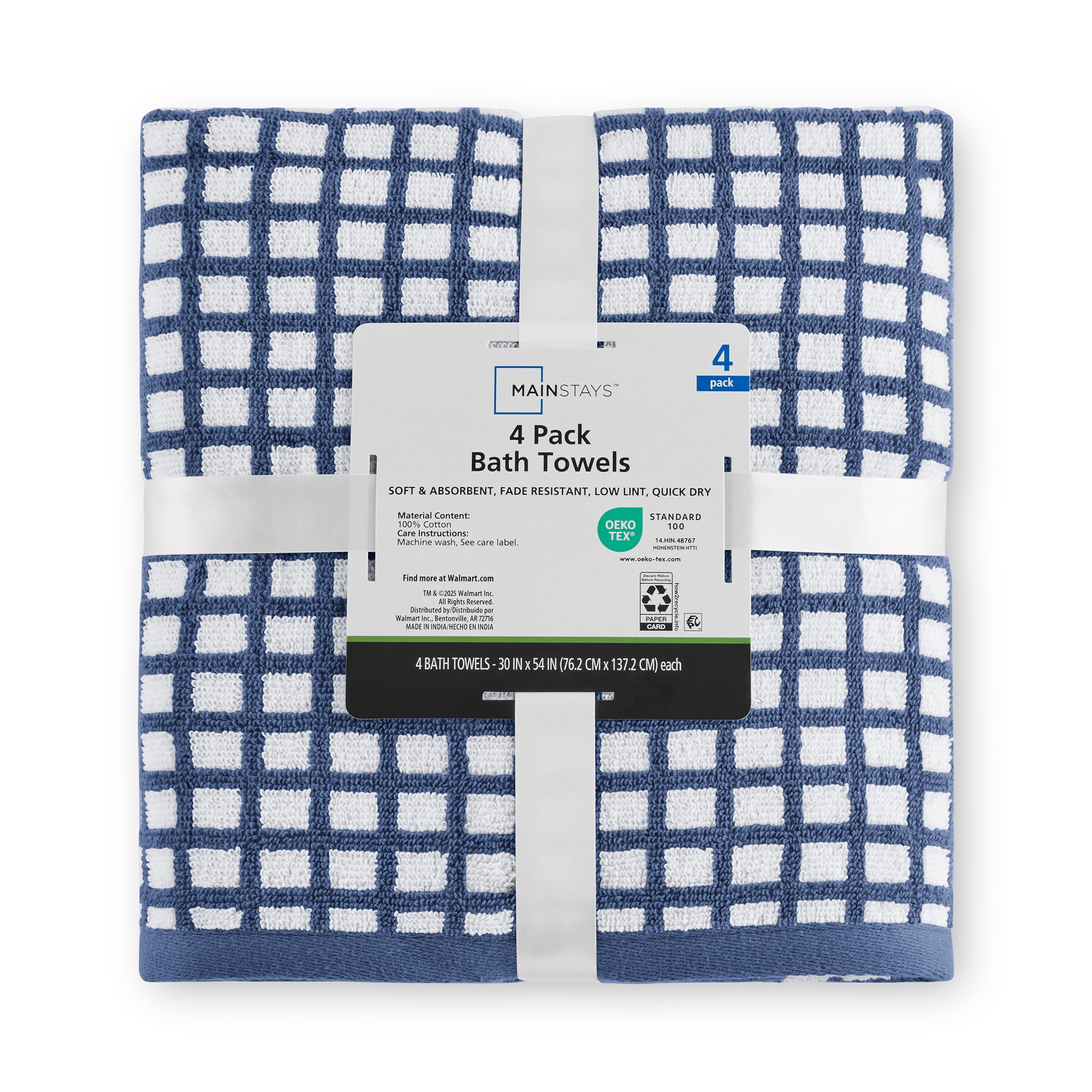 Mainstays Performance Super Soft Quick Dry Bath Towel Set, 4-Piece, Checkered Blue