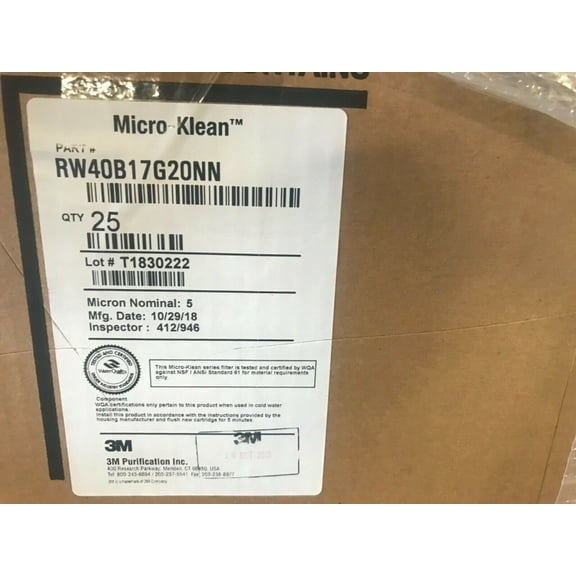 3M Micro-Klean RW Series Filter Cartridge, 25 per case, RW40B17G20NN