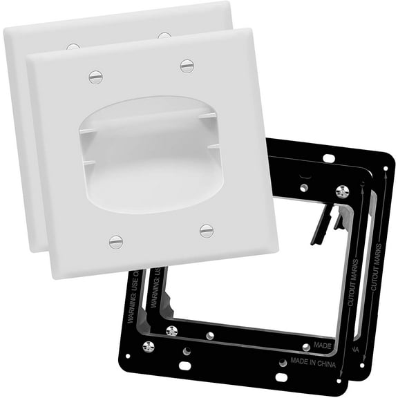 TOPGREENER Recessed Low Voltage Cable Wall Plate, Pass-Through Wall Plate with Mounting Brackets, Size 2-Gang, Polycarbonate Thermoplastic, White, 2 Pack
