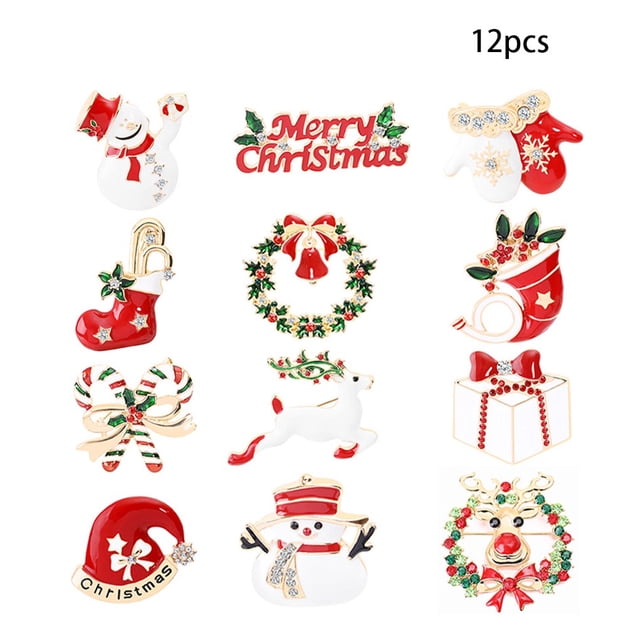 Worallymy 12 Uds. alfileres navideños de aleación de cristal alfileres de pecho para festivales muñeco de nieve Animal broche de Navidad Worallymy JD735809927