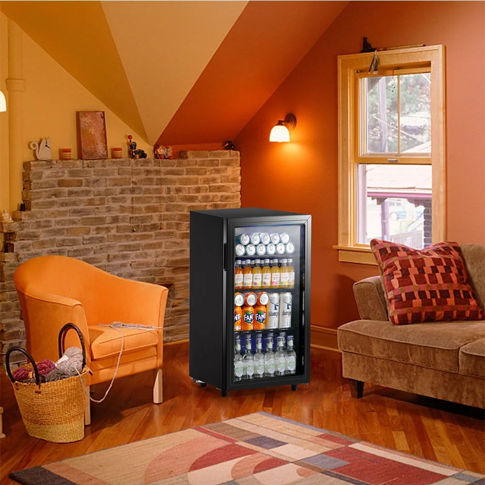 JIEJIA Beverage Refrigerators 120-Can Small Mini Fridge Glass Door, Removable Shelves for Soda Beer or Wine, 3.5 Cu.ft