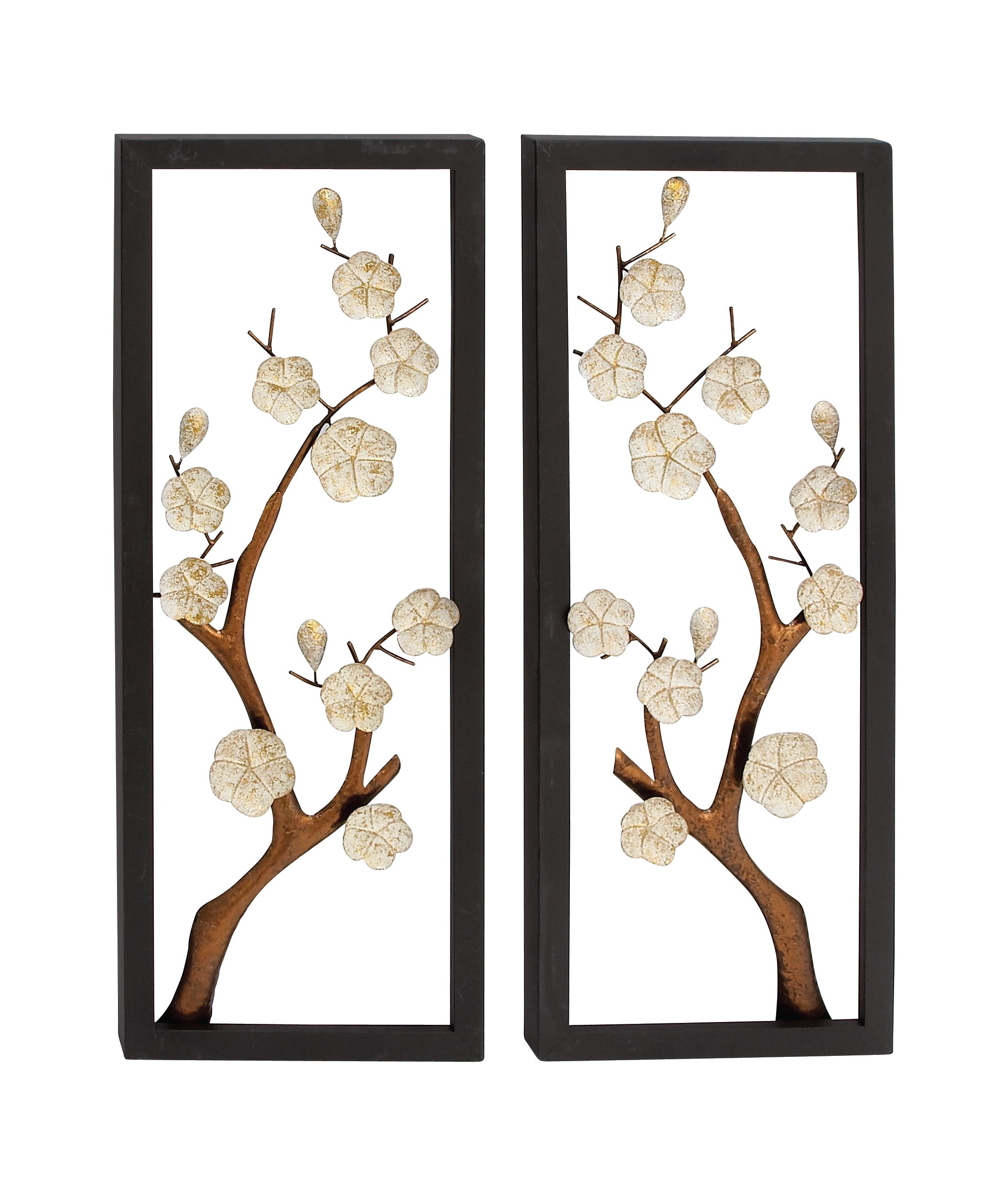 Decmode Eclectic 36 X 12 Inch Iron Flowers On Tree Branches Framed Wall Decor Set of 2