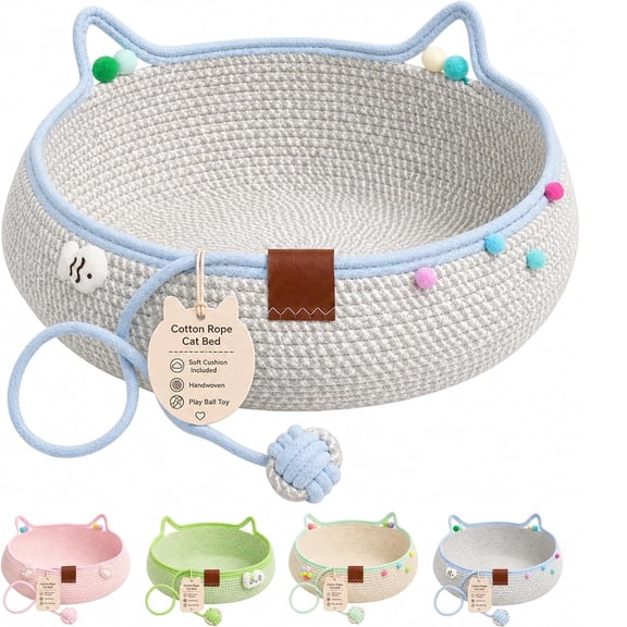 Cat Basket Bed with Cushion and Hanging Ball Toy, Handwoven Cat Basket Bed with Breathable Cotton Rope and Removable Cushion, Round Indoor Pet Basket for Cats (Blue, Small)