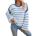 thumbnail image 2 of Women'S Striped Knit Oversized Fall Sweaters Trendy Clothes Crewneck Winter Pullover Sweater Blue L, 2 of 9