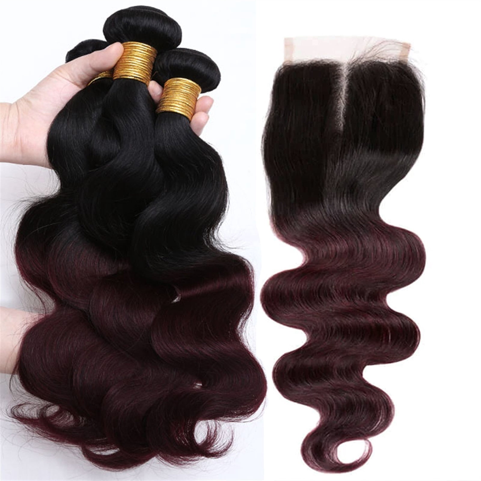 Burgundy Bundles with Closure Body Wave Ombre Bundles With Closure 1B/99J Two Tone Human Hair Weave Colored Bundles