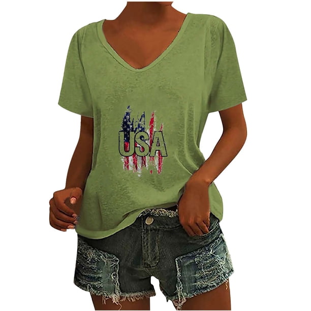 Camisetas Casuales de las Mujeres Gradiente Día de la Independencia Impreso Cuello Redondo, Blusa de Manga Corta para Diario, Fiesta Y Primavera Verano