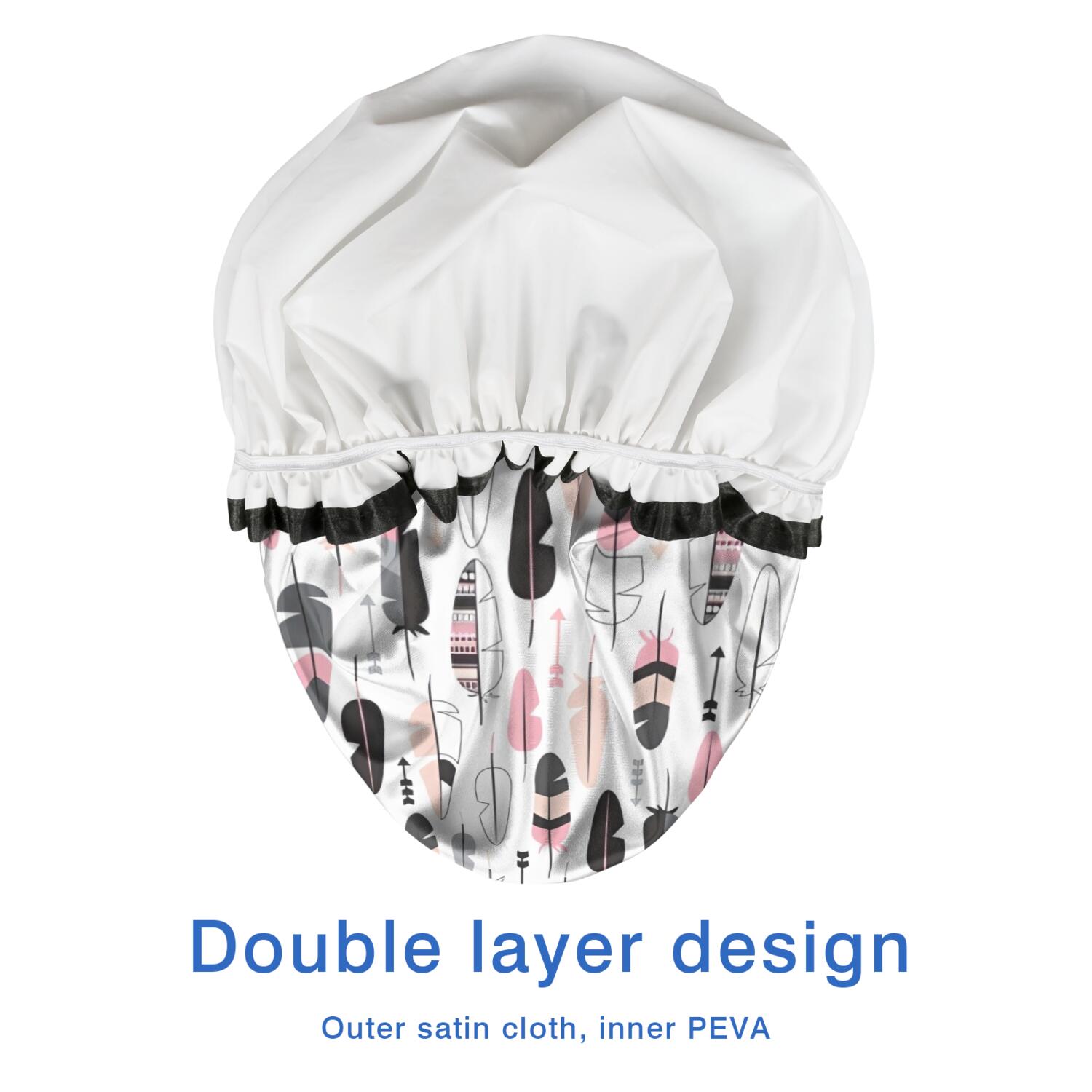 Shower Caps,Pink Black Geometric Feather and Arrow Pattern Waterproof Shower Cap for Women 4 Pieces,Double Reusable Hair Cover for Shower PEVA Elastic Stretch Hem