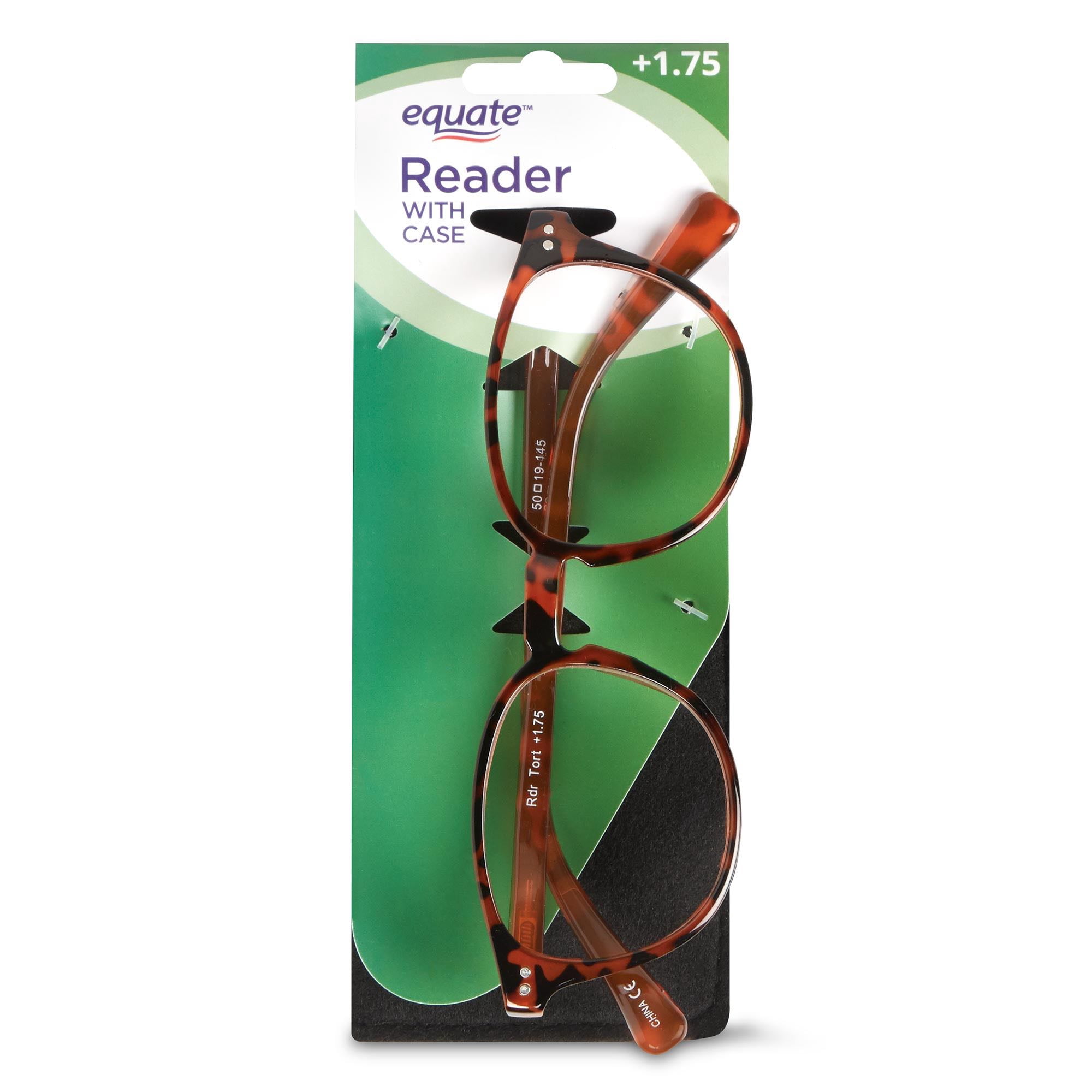 Equate Unisex Reader Glasses with Case, Plastic Lens, Tortoise Color, +1.75