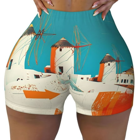 Workout Shorts Women  Colorful Greek Windmills Biker Shorts for Women Running Gym Spandex Shorts Tummy Control
