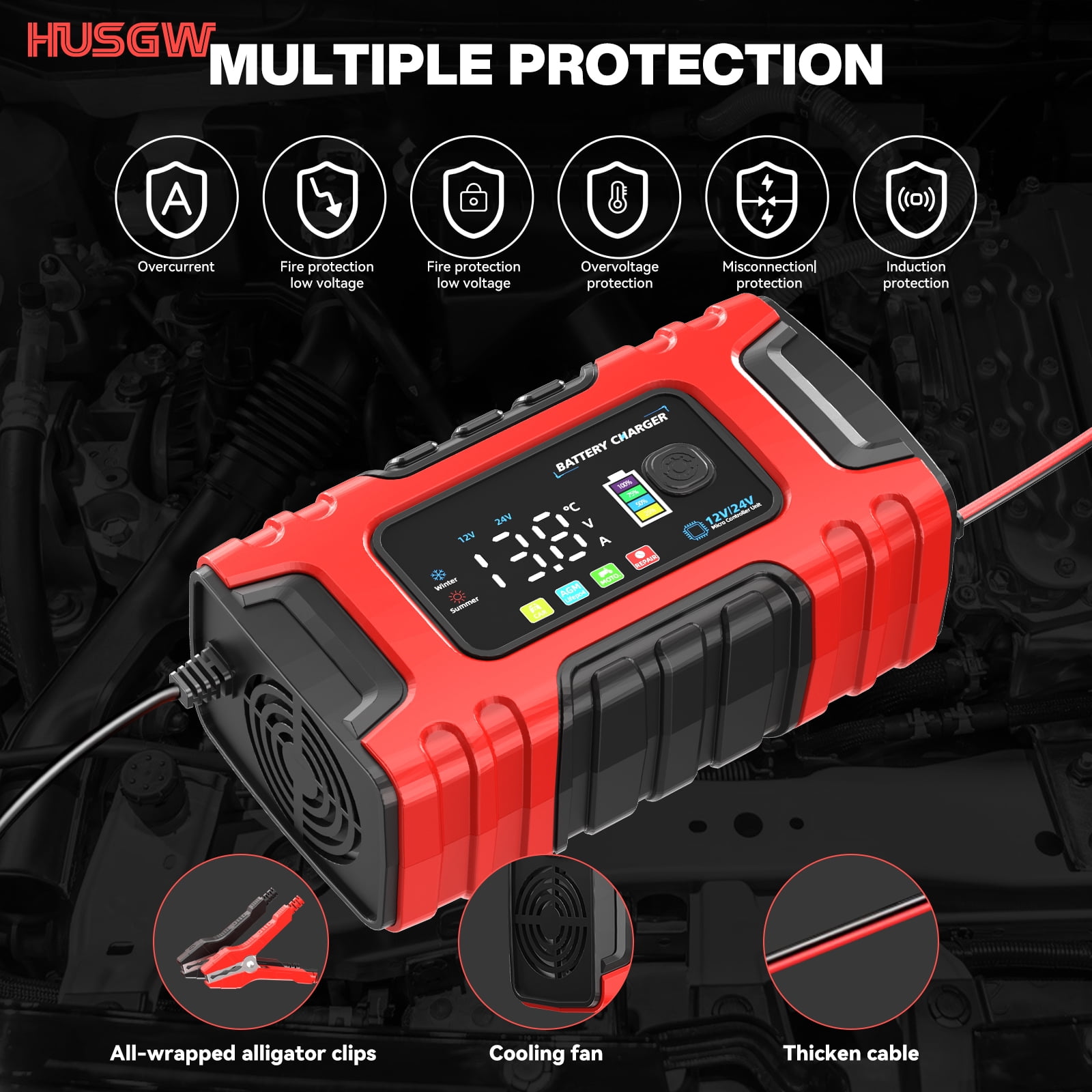 HUSGW Battery Charger 12V10A/24V5A Fully-Automatic Smart Car Battery Charger, Battery Maintainer Trickle Charger, Compatible with Lead-Acid & LiFePO4 ,AGM, STD, Gel, Deep Cycle Batteries
