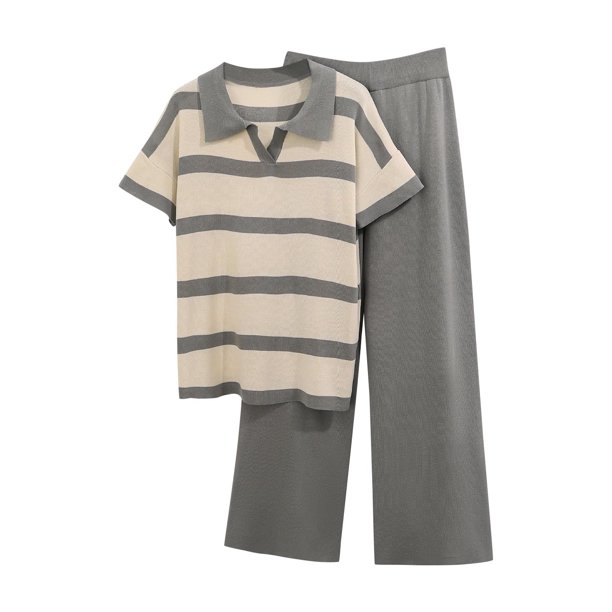 Pantalones Casuales de Mujer Cuello Redondo Manga Corta Tops Y Elástico de la Cintura Pantalones Largos Conjuntos, Desgaste Casual