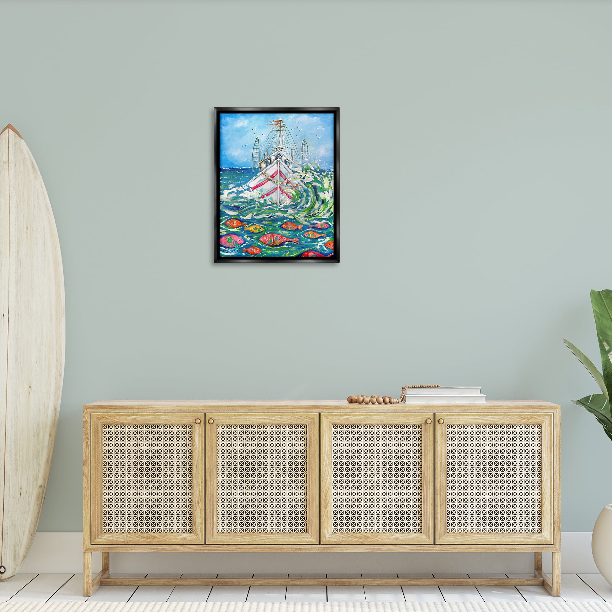 Stupell Industries Boat Net Splashing Transportation Painting Black Floater Framed Canvas Art Print Wall Art, 25 x 31