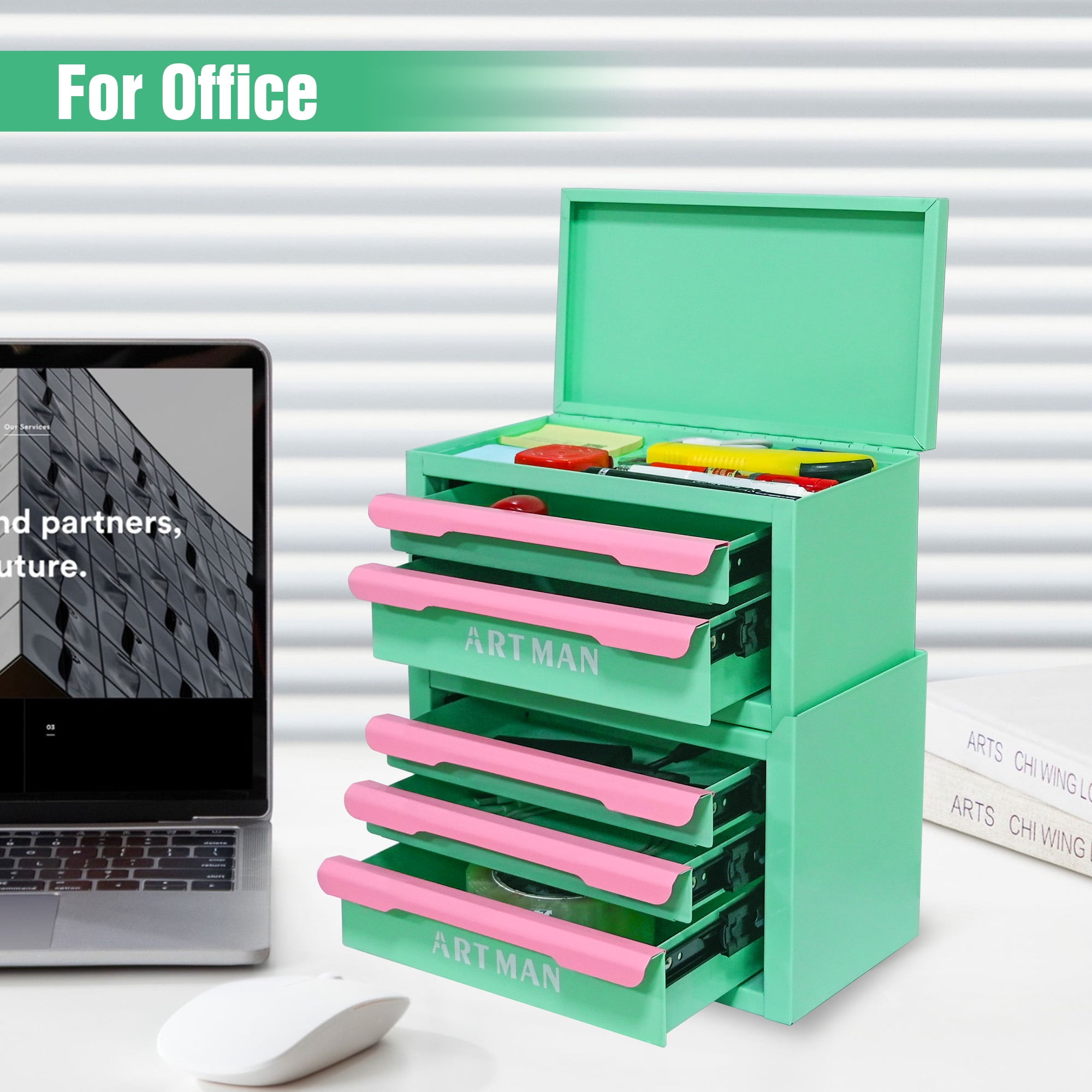 JXXRZ Mini Desktop Storage Box with 5 Drawers, Desk Organizer for Office, Stationery & Cosmetics, Green-Pink