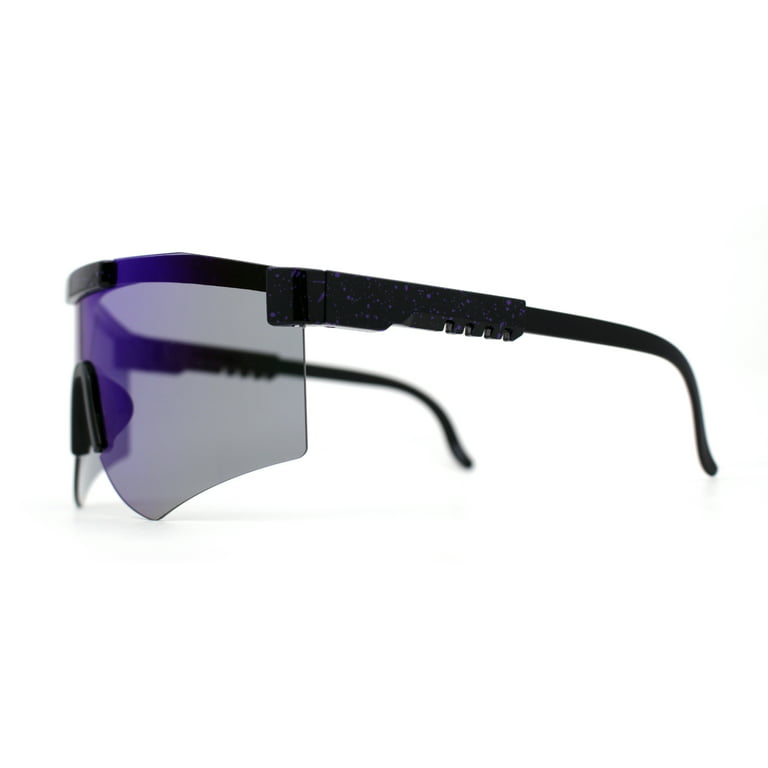 Futuristic Adjustable Arms Cyberpunk Purple Monoblock Shield Sunglasses Blue Mirror Black