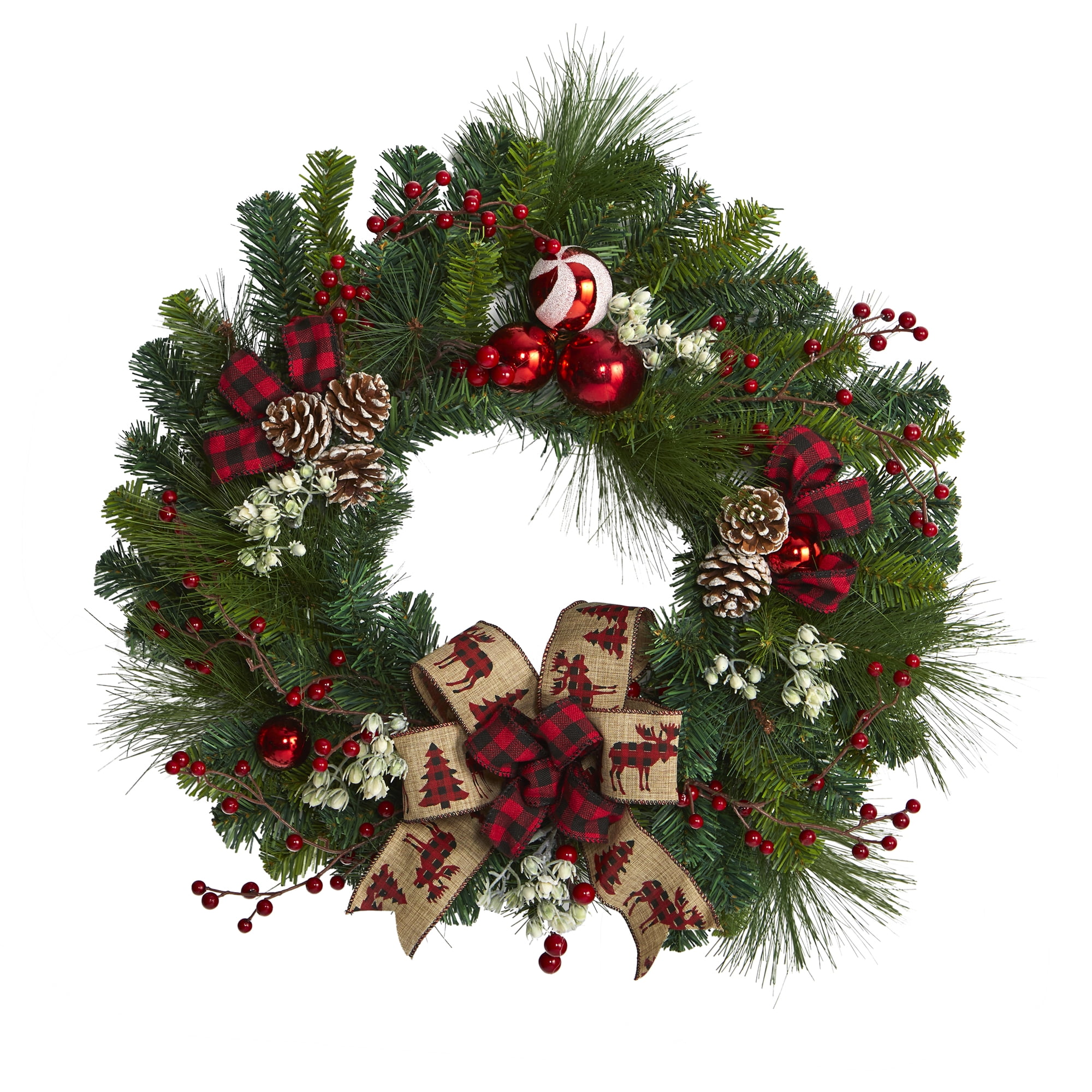 Nearly Natural 24" Christmas Pine Artificial Wreath w/Ornaments in Green