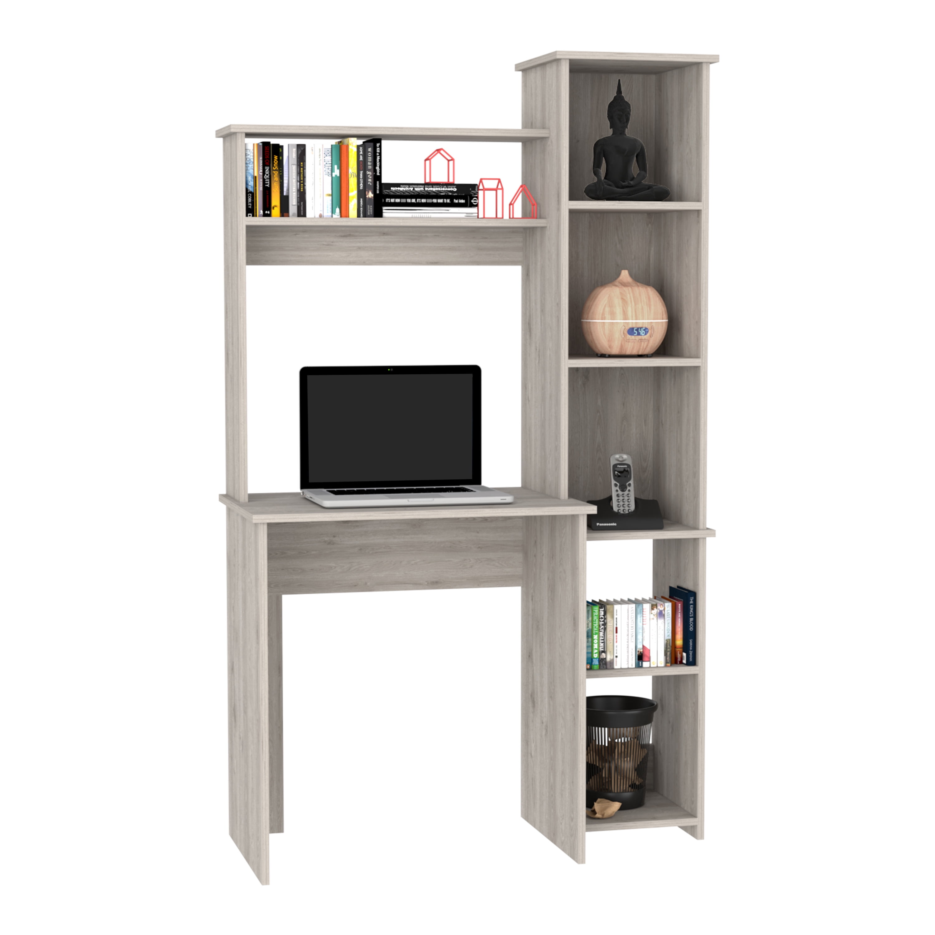 Astoutdoor Versalles Writing Desk with Two Shelves and Five Cubbies, Light Gray