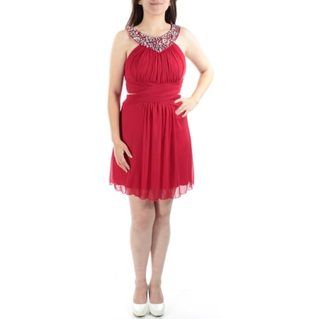 - B DARLIN Womens Red Sequined, Beaded CUT OUT SIDES Sleeveless Jewel Neck Above The Knee Sheath Party Dress Size: 1