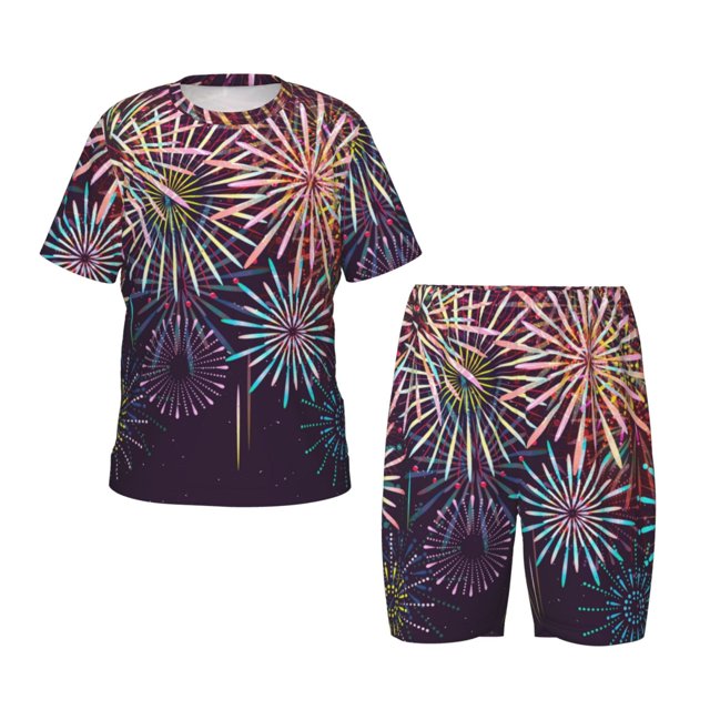 Fotbe Fireworks2 Pijama Estampada de 2 Piezas para Niños – Ropa de Dormir de Manga Corta Cómoda para Niños y Niñas, Camiseta y Shorts de Algodón-Medium