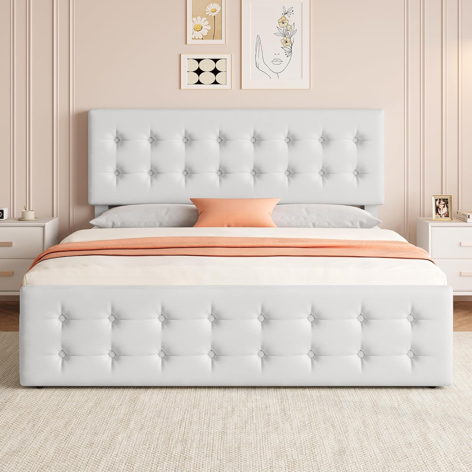 King Size Bed Frame with 4 Storage Drawers, Faux Leather Upholstered Platform Bed, Adjustable Headboard, White