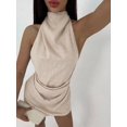 thumbnail image 4 of Khaki Solid High Neck Sleeveless Mini Dress, Elegant Slip Style For Party Or Vacation, 4 of 6