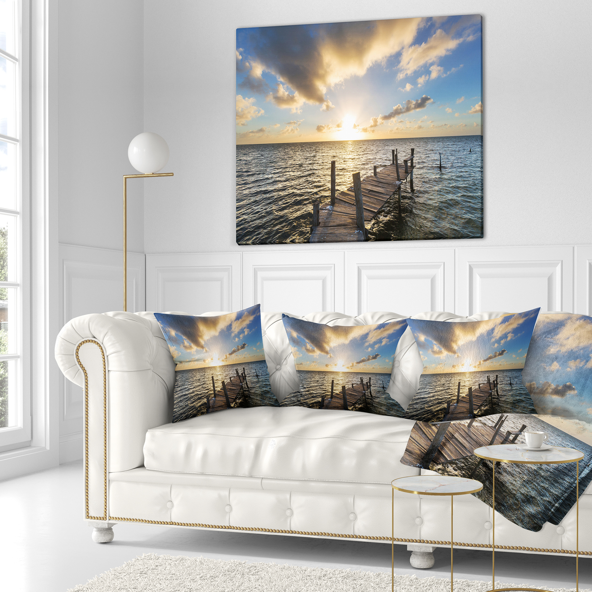 Designart Abandoned Boardwalk in Seashore - Bridge Throw Pillow - 16x16