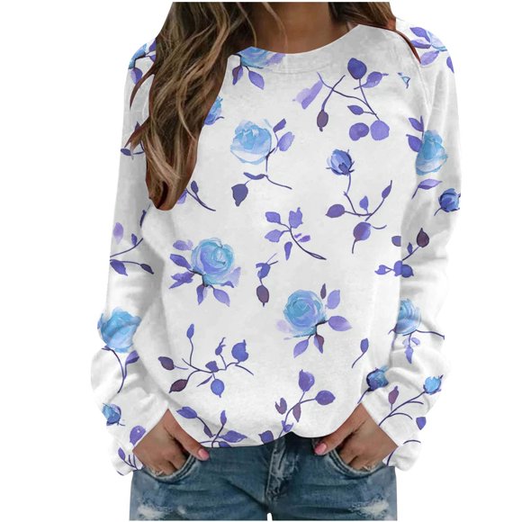 Tauxra Women Long Sleeve Shirts Casual Crewneck Pullover Tops Butterfly Print Blouses Flowy Loose Fit for Work Tunic Sweatshirt