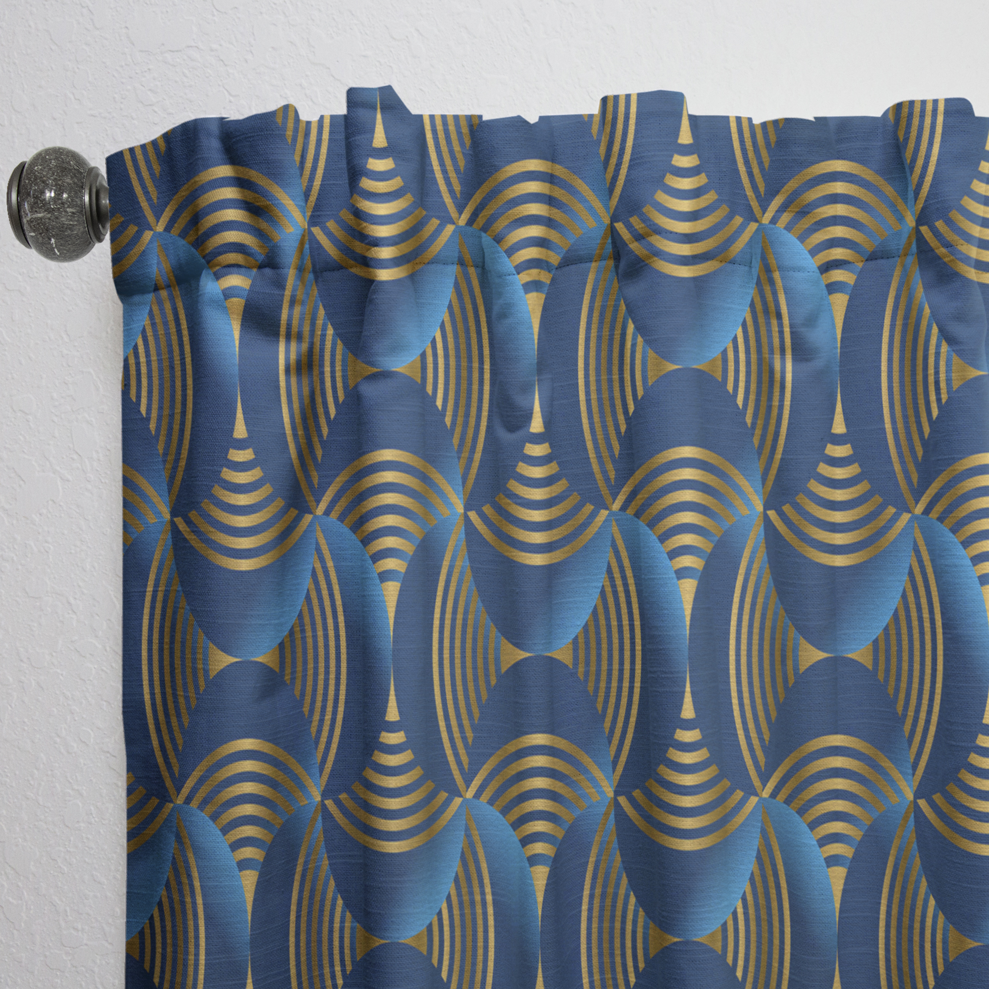Designart 'Geometric Abstract Waves in Marine Blue and Gold' Mid-Century Modern Curtain Panel