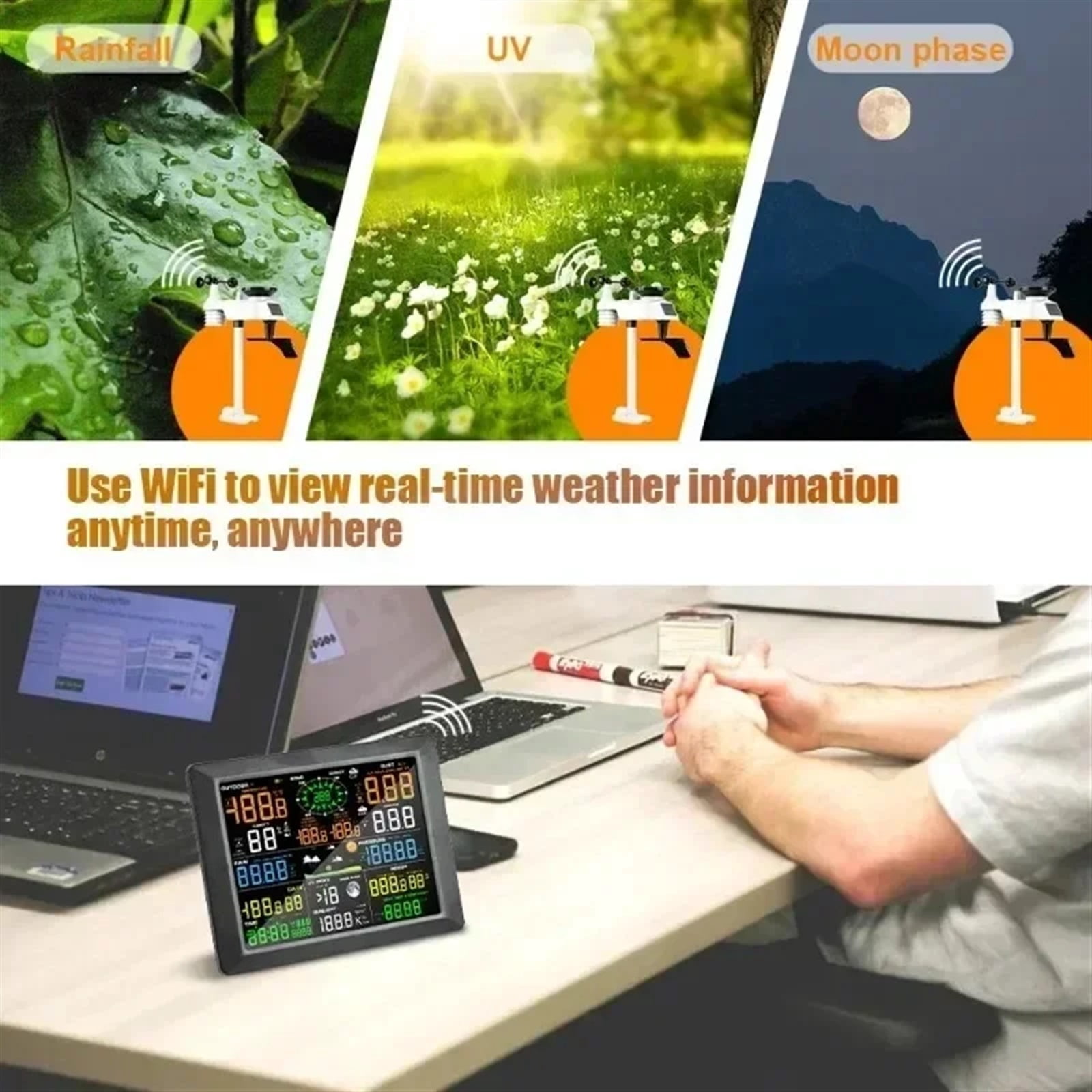 Professional Weather Station 0310 Internet Wireless with Outdoor Sensor Rain Gauge Forecast Wind ,High Precision