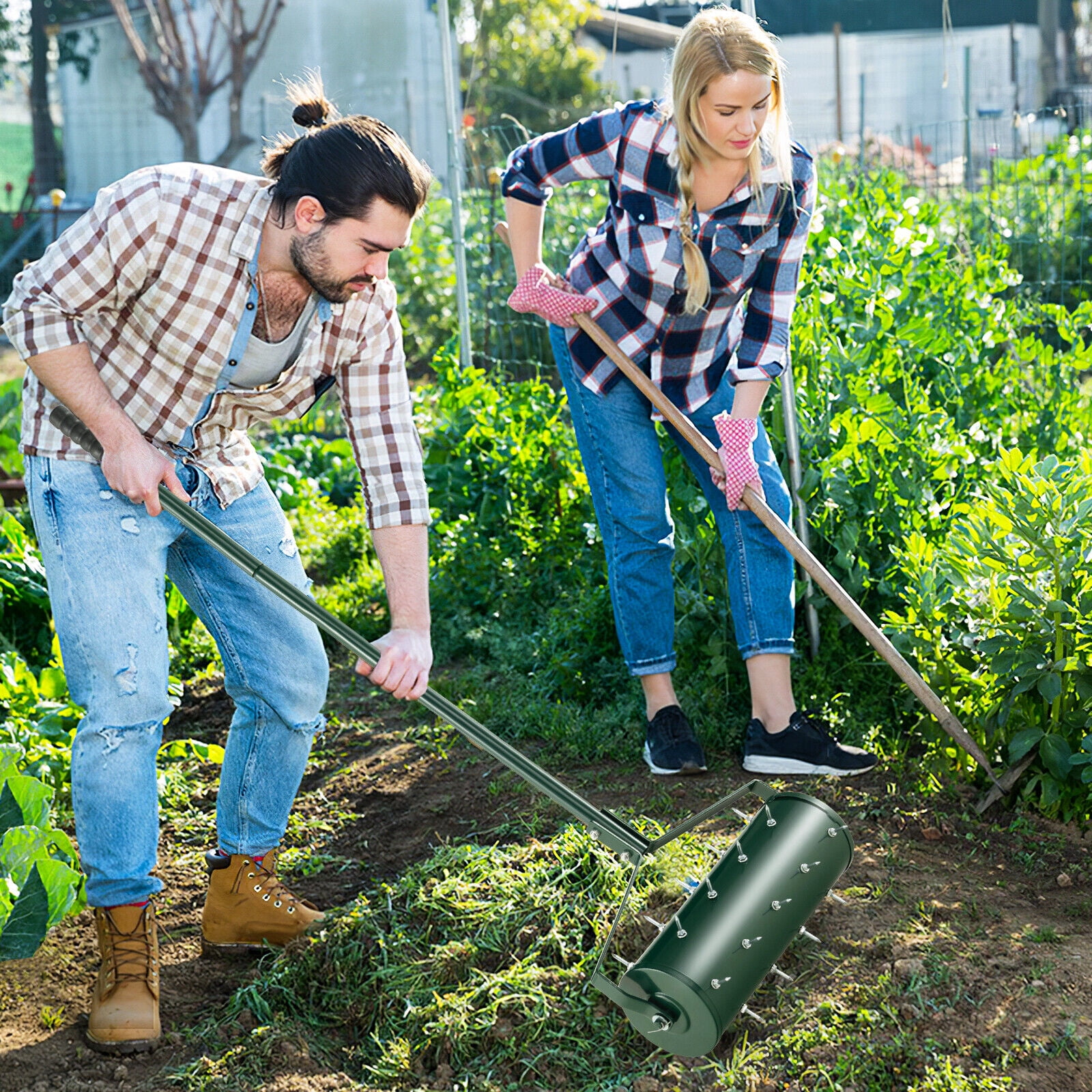 Amijoy 18" Manual Lawn Aerator Heavy Duty Rolling Push Grass Aeration Tool with Handle