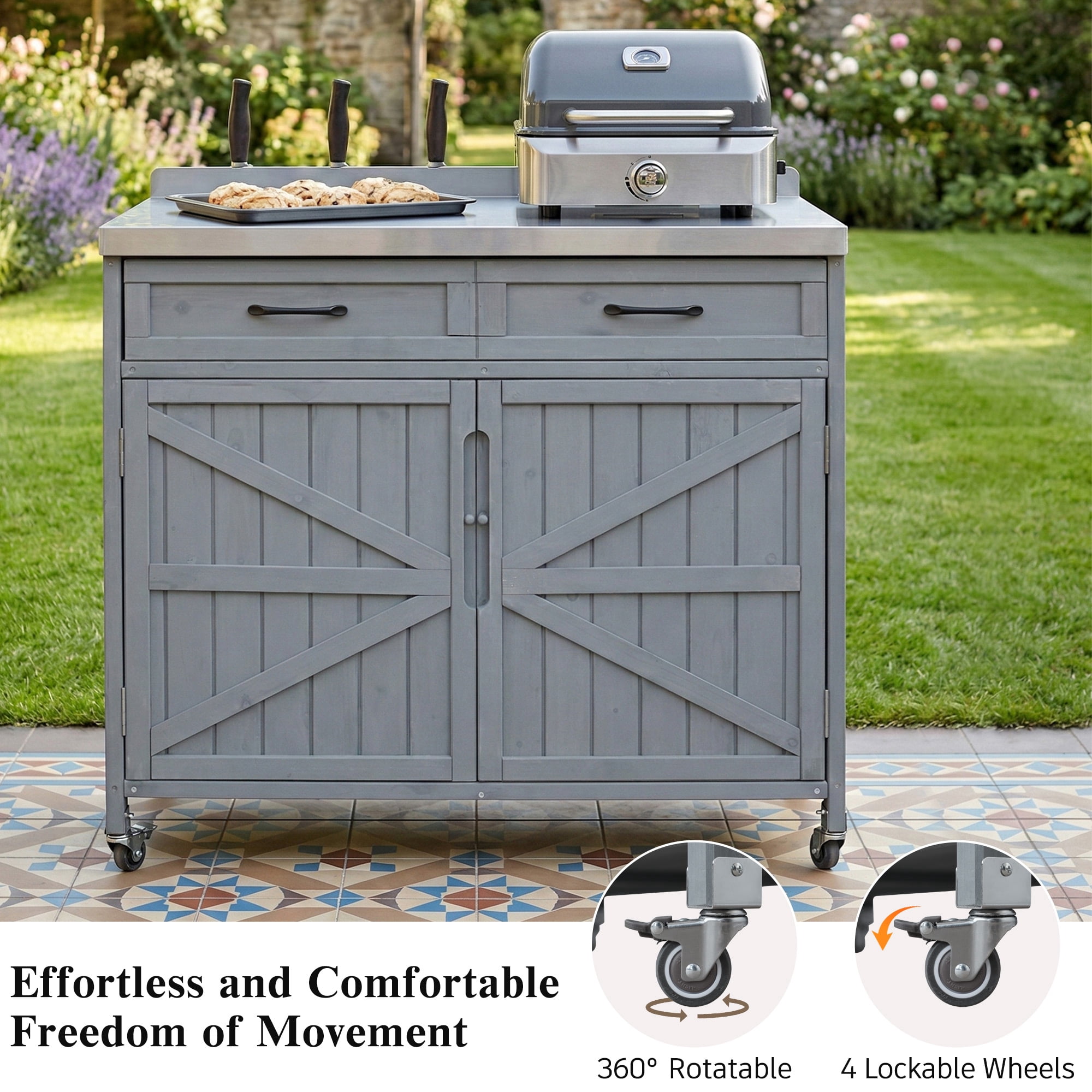 Mintazer 39.4" Outdoor Kitchen Island with Stainless Table Top & Storage Racks, Storage Kitchen Cabinet with Drawer & Adjustable Shelves, Gray