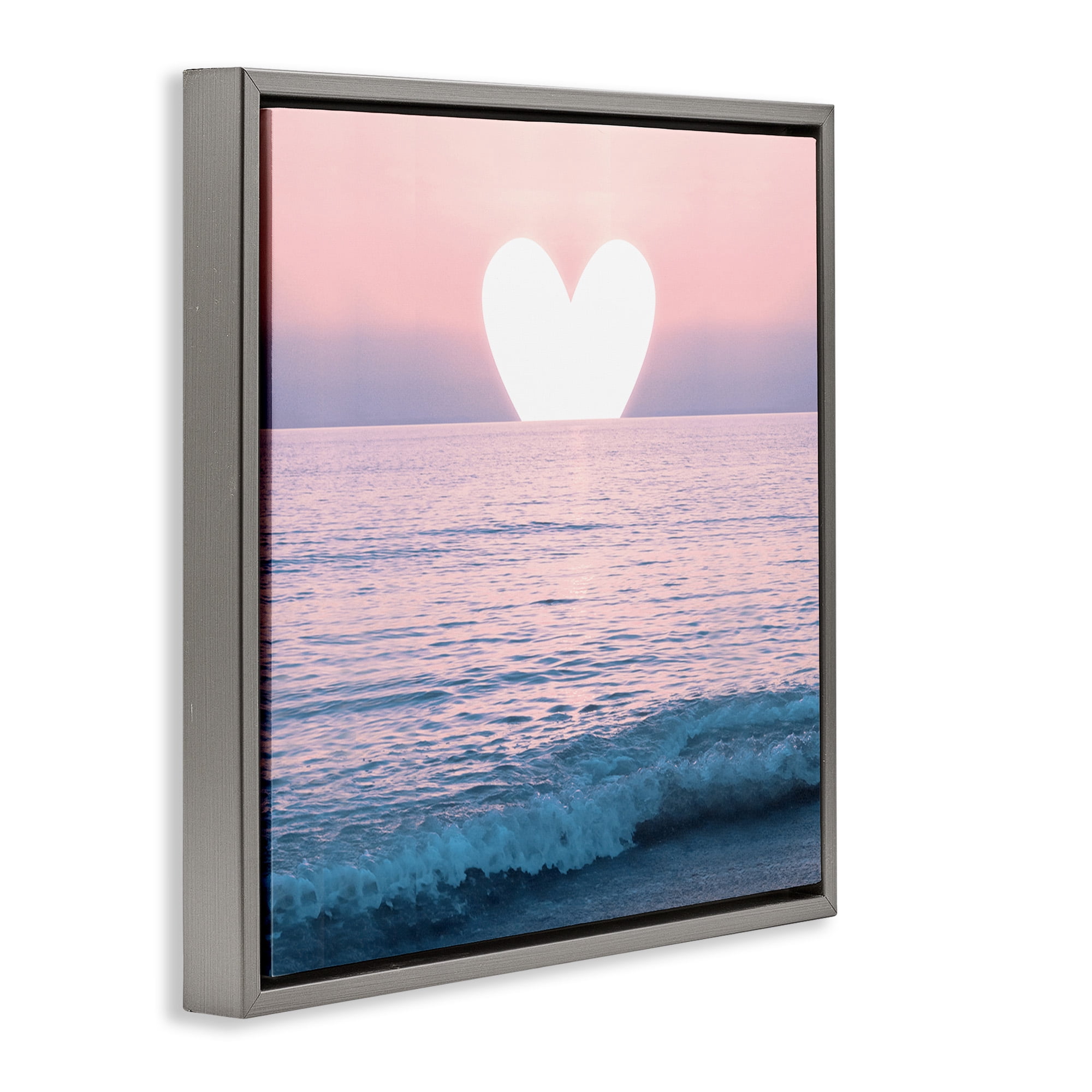 Stupell Industries Pink Heart Ocean Sunrise Landscape Painting Gray Floater Framed Canvas Art Print Wall Art, 18 x 18