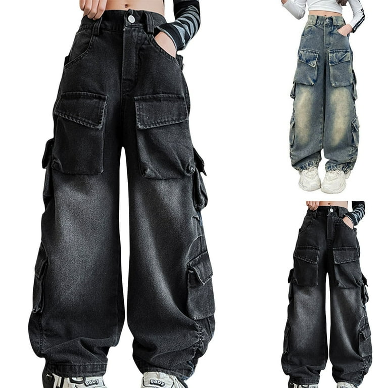 【KOOLOSET】Big Cargo Snap Banding Denim KAUOD Baggy Jeans for Teen Girls Y2𝐊 Hip Hop Streetwear