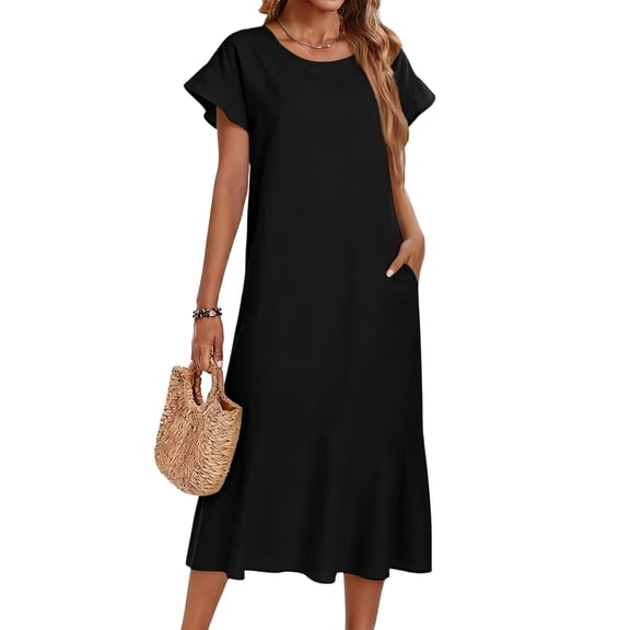 Delconic Women’s Short Sleeve Loose Fit Midi Dress with Crew Neck and Side Pockets Suitable for Casual and Everyday Wear Black L