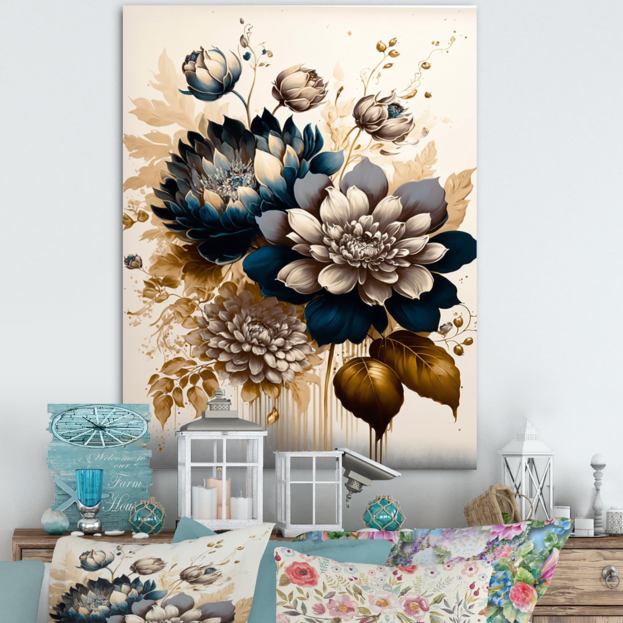 Designart Blue And Gold Dahlia Bunch I Canvas Wall Art