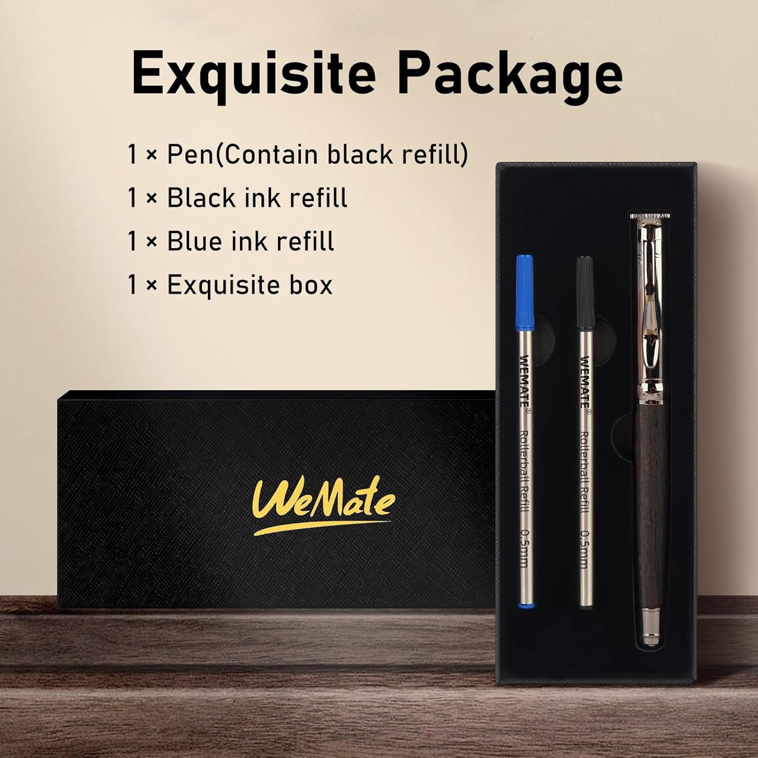 Wood Rollerball Pen Set, Extra 2 Ink Refills(1 Black & 1 Blue), Fancy Writing Pen Nice Luxury Office Gift for Men, Professional, Executive, Cool Wooden Pen for Journaling - Blackwood