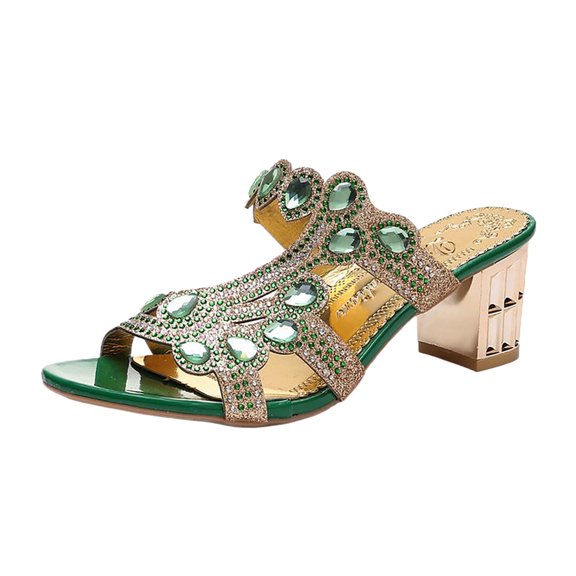 IUJSOY Elegant Heels for Women Glitter Rhinestone Open Toe Low Heel Mules Sandals Dress Shoes