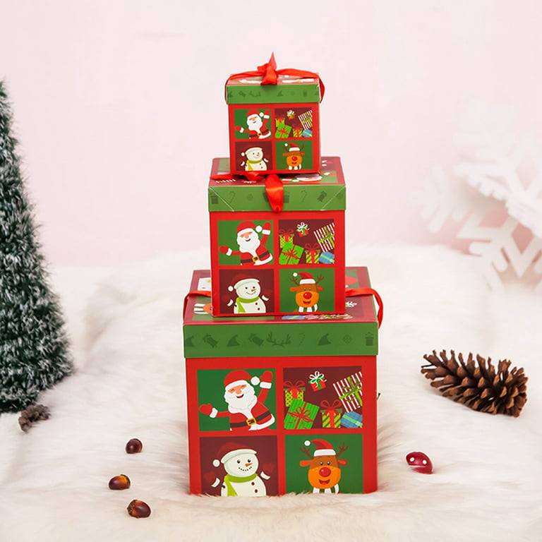 2 Square Gift Boxes Nesting Set of Display 3D Hard Cardboard Santa Presents  Chri