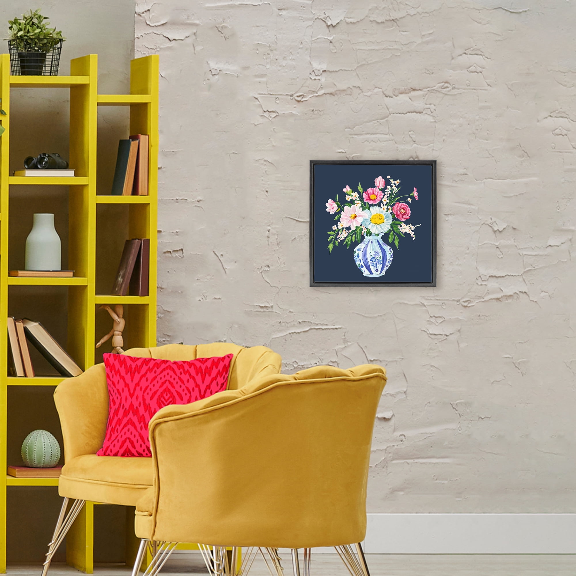 Spring Chinoiserie Vase Black Framed Floater Canvas Wall Art, design by Yen