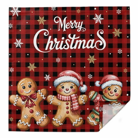 Merry Christmas Cloth Napkin Set of 1 Xmas Cute Gingerbread Man White Gold Winter Snowflakes Red Plaid Washable Linen Napkins Absorbent Kitchen Table Dinner Napkins for Restaurant/Wedding/Hotel