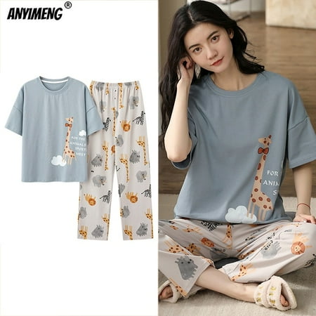 

New Sleepwear Cartoon Cotton Pajamas for Women Long Pants Short Sleeved Summer Spring Loungewear Fashion Home Clothing Homewear