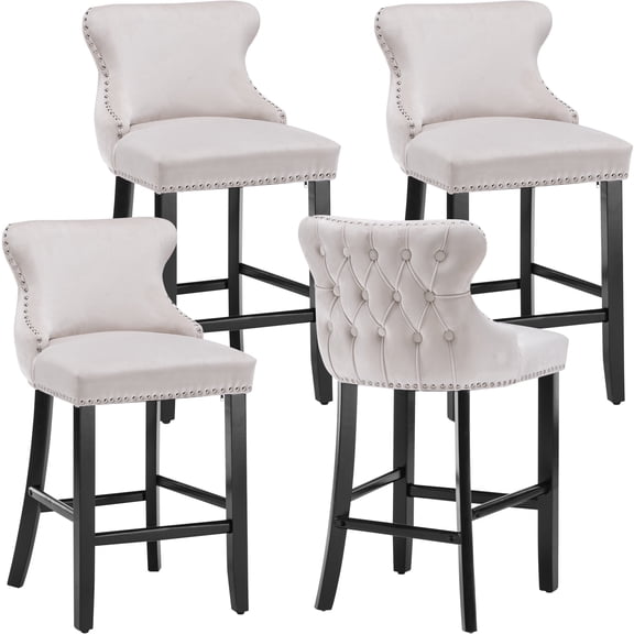 Bar Stool Set of 4, Legahome 26" Counter Height Bar Stools with Back, Velvet Upholstered Bar Stool with Button Tufted & Wooden Legs, Bar Stools Chair for 35-39" Kitchen Island Counter, Beige